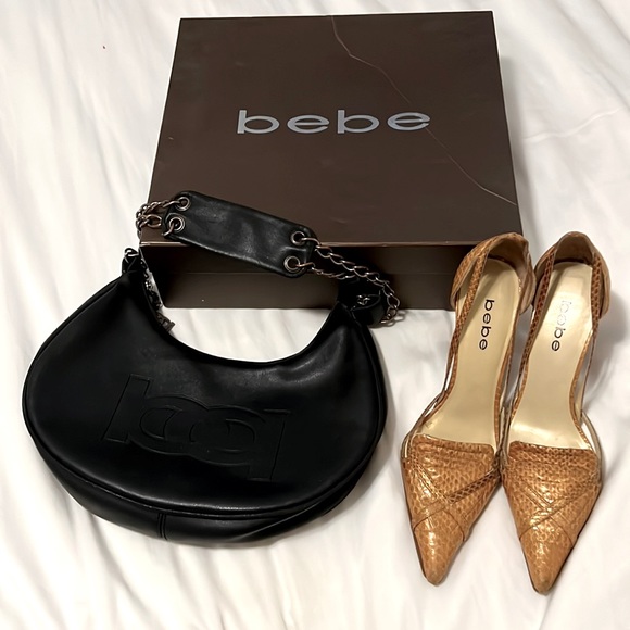 Over the shoulder Bebe Bag & Gorgeous Bebe leatherkitten heels size 8.5 - - Picture 1 of 13